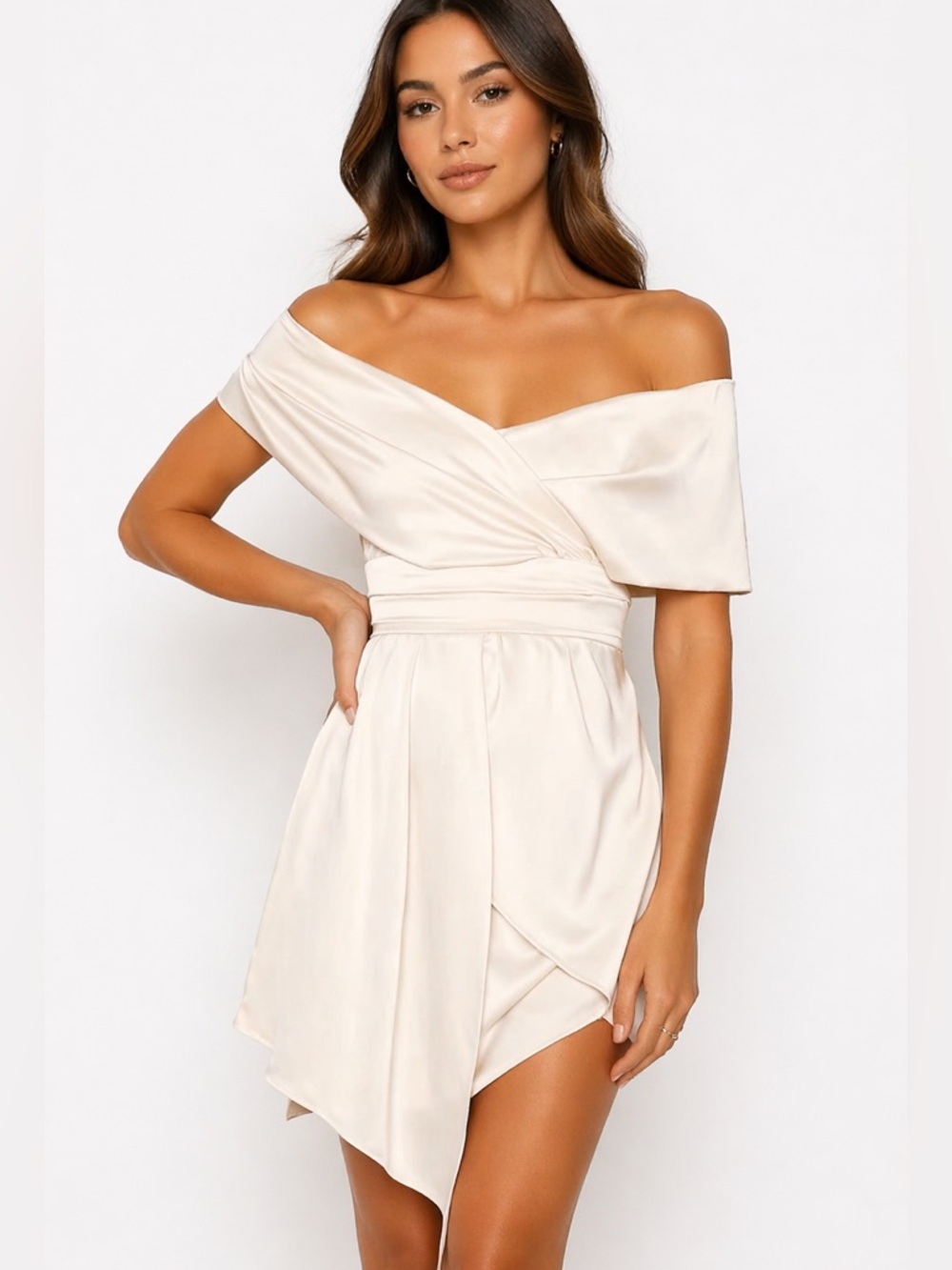 Lulus Ivory Satin Off Shoulder Mini Dress Asymmetrical Shower Wedding Guest M